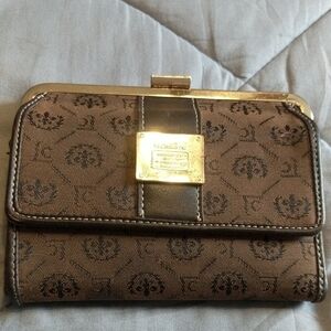 Liz Claiborne Brown Cotton Blend Wallet with Gold Trim